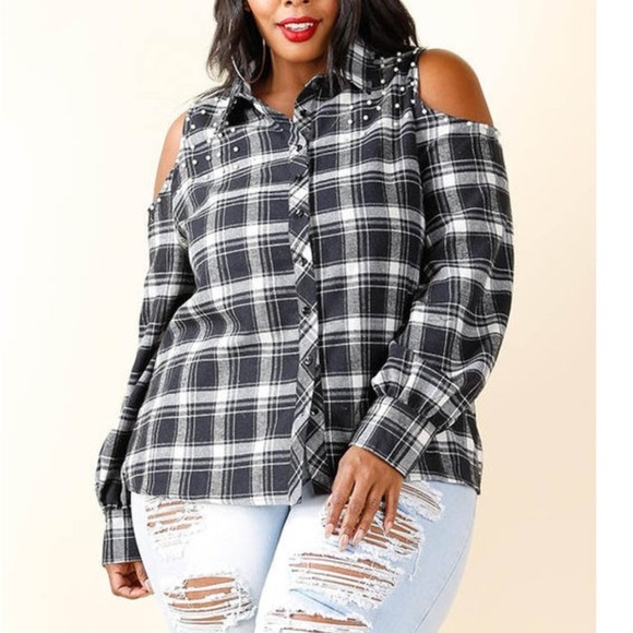 Tops - Plus Black Plaid White Pearl Cold Shoulder Shirt